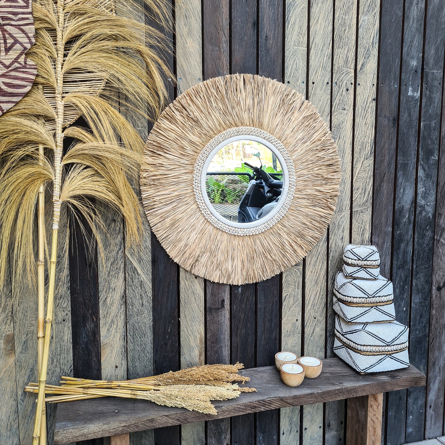Tropical mirror 70cm boho decoration made from palm and shells bohemian mirror wall decor wall hangings feather decor