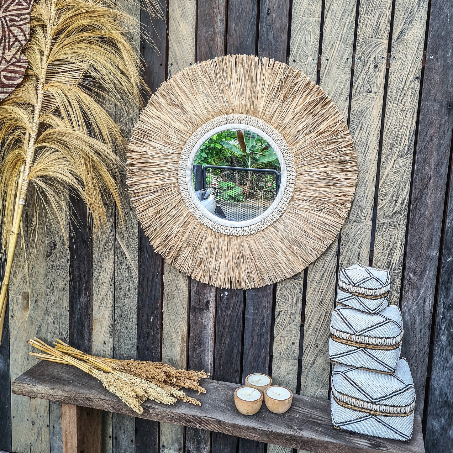 Tropical mirror 70cm boho decoration made from palm and shells bohemian mirror wall decor wall hangings feather decor