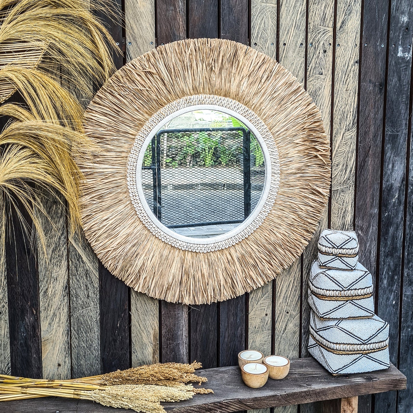 Tropical mirror 80cm boho decoration made from palm and shells bohemian mirror wall decor wall hangings feather decor