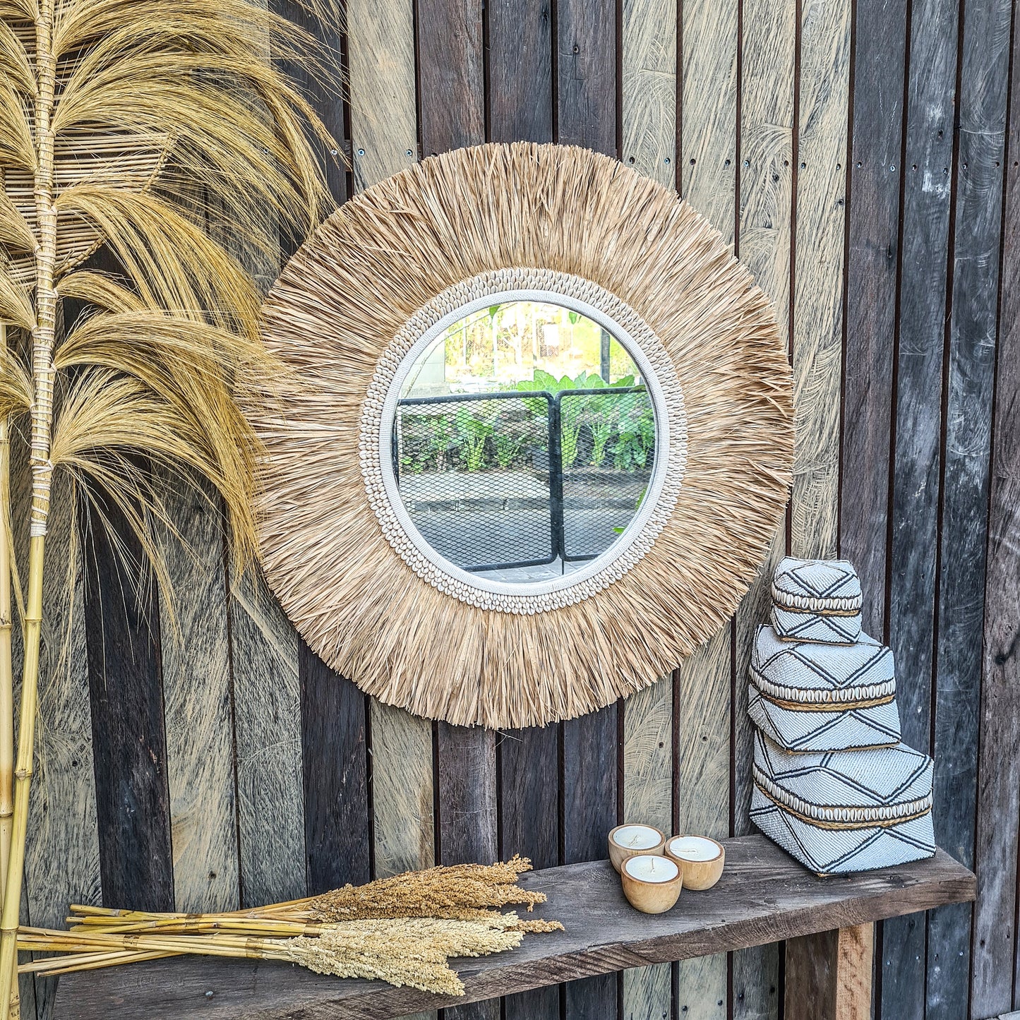 Tropical mirror 80cm boho decoration made from palm and shells bohemian mirror wall decor wall hangings feather decor