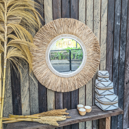 Tropical mirror 80cm boho decoration made from palm and shells bohemian mirror wall decor wall hangings feather decor