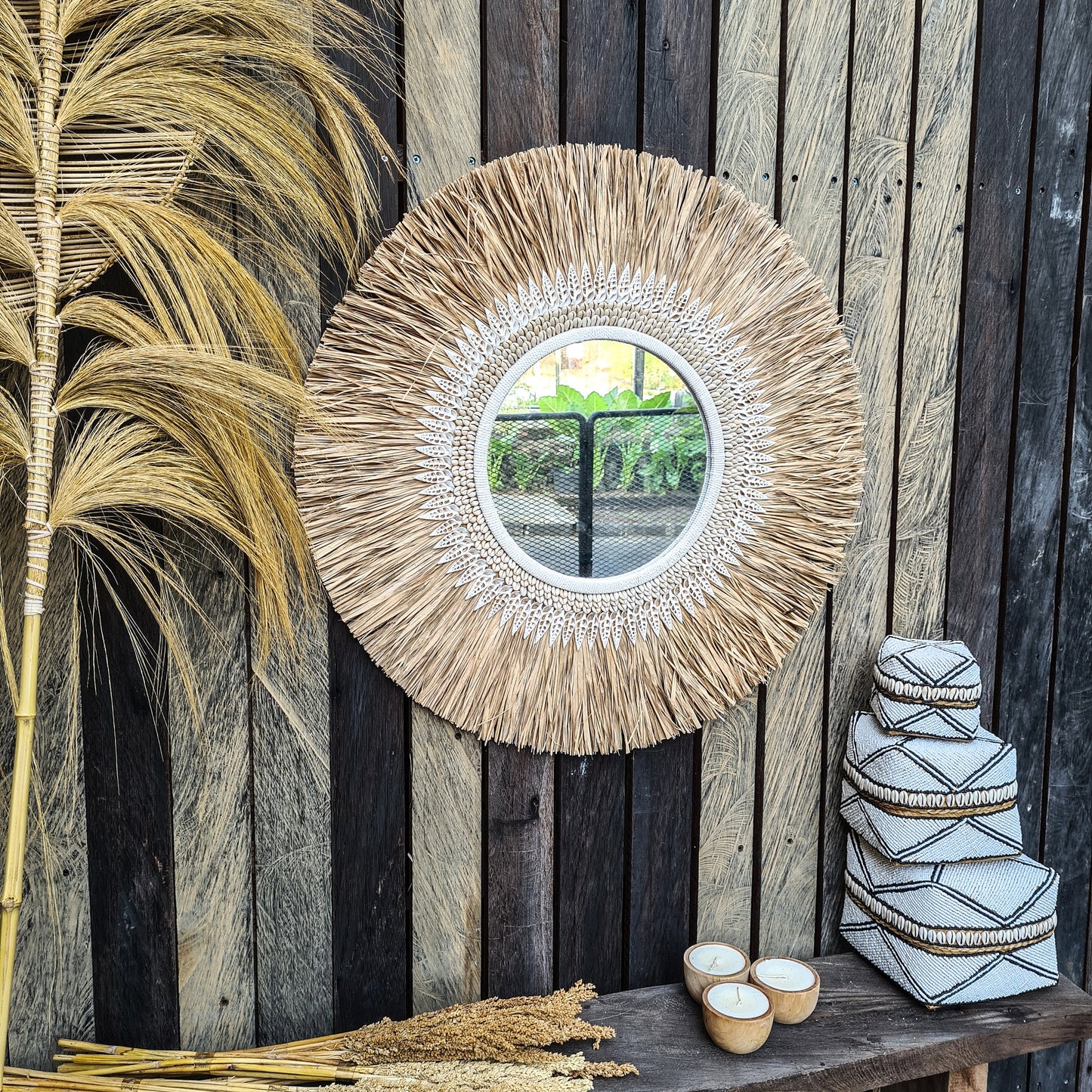Tropical mirror 70cm boho decoration made from palm shells bohemian mirror wall decor wall hangings rafia decor