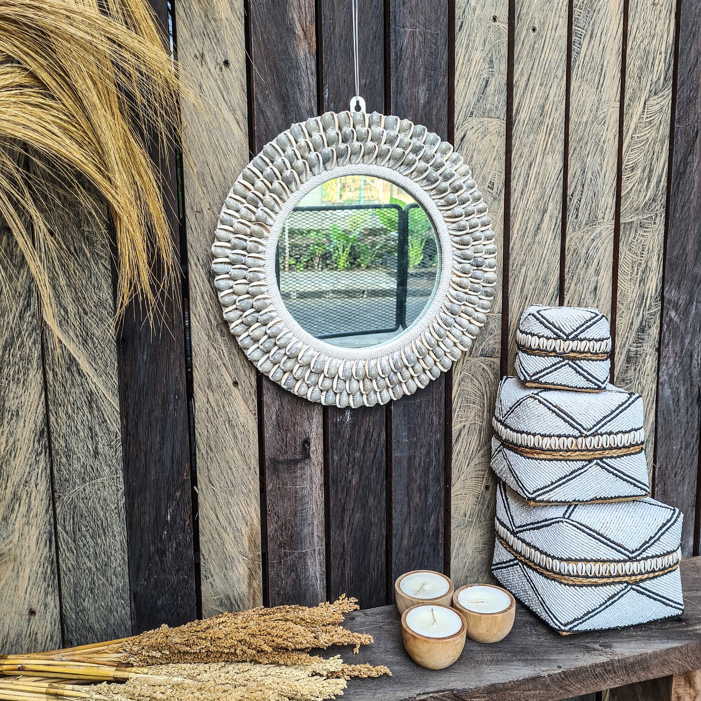 Shell mirror 40cm boho decoration made from sea shells bohemian mirror wall decor wall hangings shells macrame decor