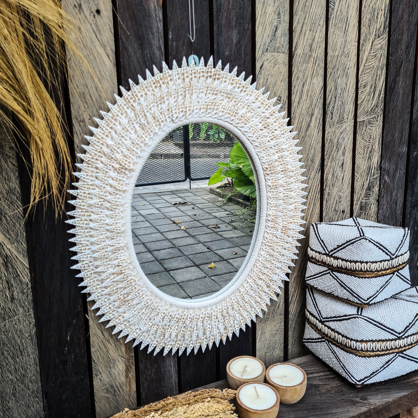 Shell mirror 62x52cm boho decoration made from sea shells bohemian mirror wall decor wall hangings shells macrame decor