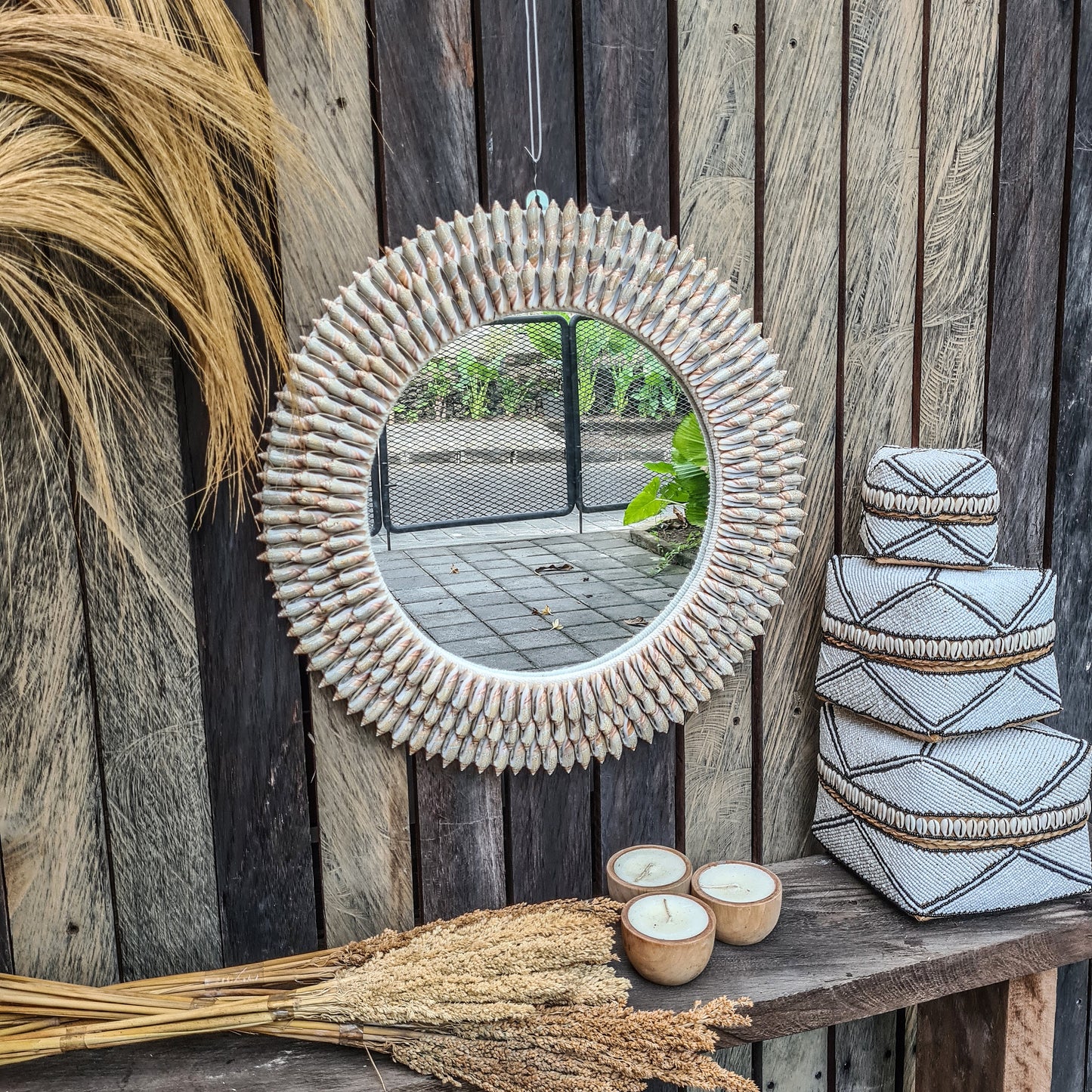 Shell mirror 55cm boho decoration made from long sea shells bohemian mirror wall decor wall hangings shells decor