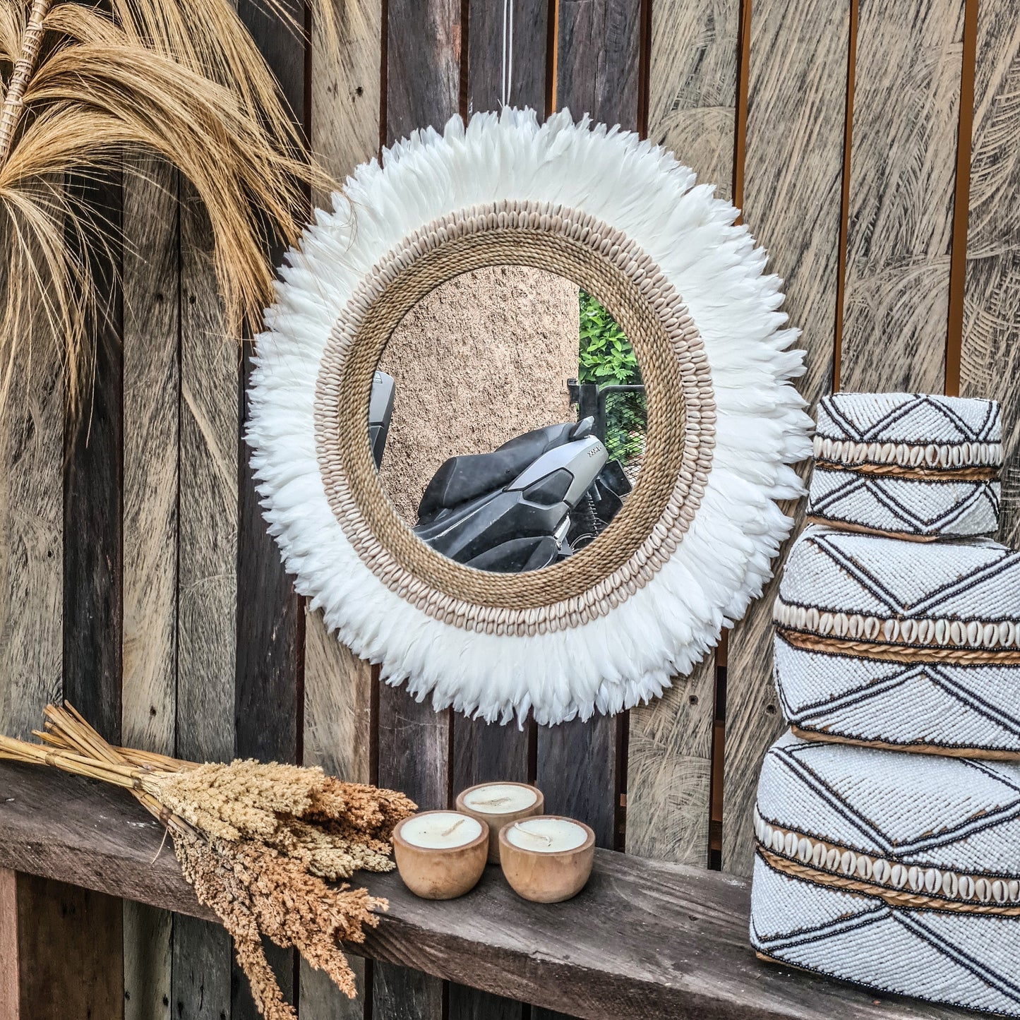 Feather frame mirror 60cm made from shells feathers agel wall decor wall hangings boho mirror bohemian decor eco decor white mirror juju hat