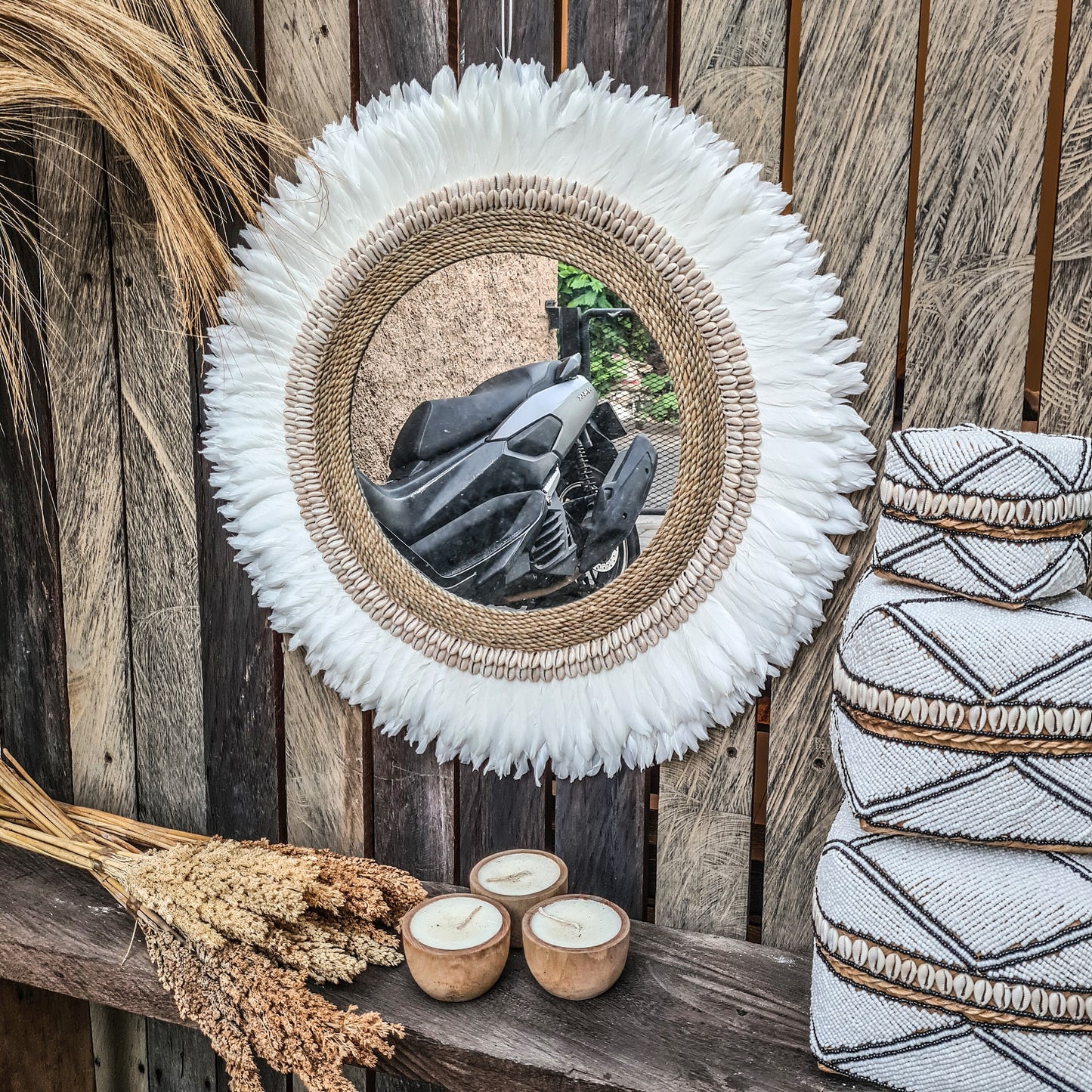 Feather frame mirror 60cm made from shells feathers agel wall decor wall hangings boho mirror bohemian decor eco decor white mirror juju hat