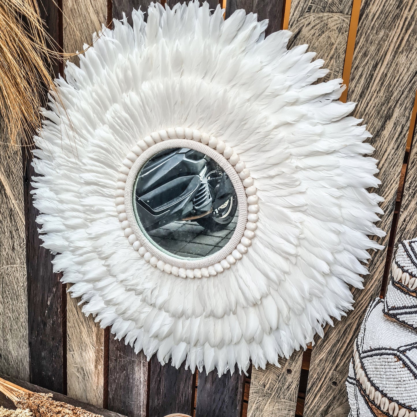 Feather mirror 60cm made from shells feathers agel wall decor wall hangings boho mirror bohemian decor eco decor white mirror feather frame