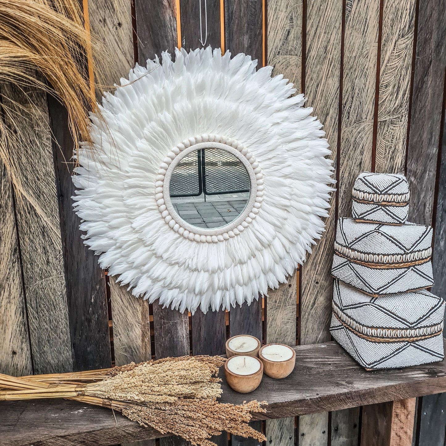 Feather mirror 60cm made from shells feathers agel wall decor wall hangings boho mirror bohemian decor eco decor white mirror feather frame