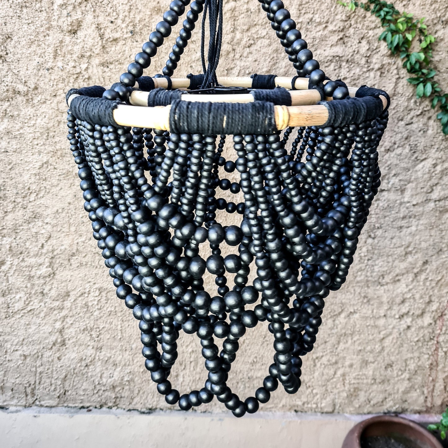 Beaded lampshade 40x60cm black color wooden beads chandelier pendant lamp shade wood bohemian boho lamp rattan ring