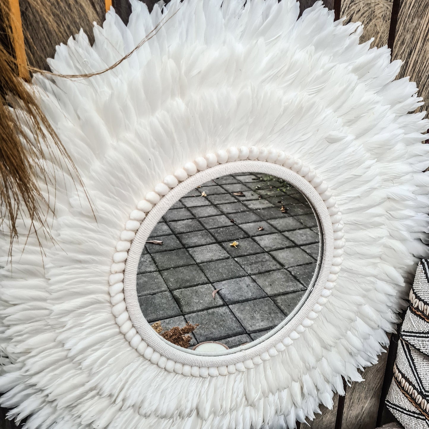 Feather frame mirror 70cm juju hat shells feathers agel wall decor wall hangings boho mirror bohemian decor white mirror