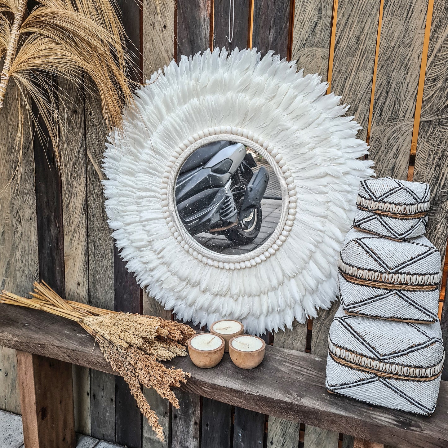Feather frame mirror 70cm juju hat shells feathers agel wall decor wall hangings boho mirror bohemian decor white mirror