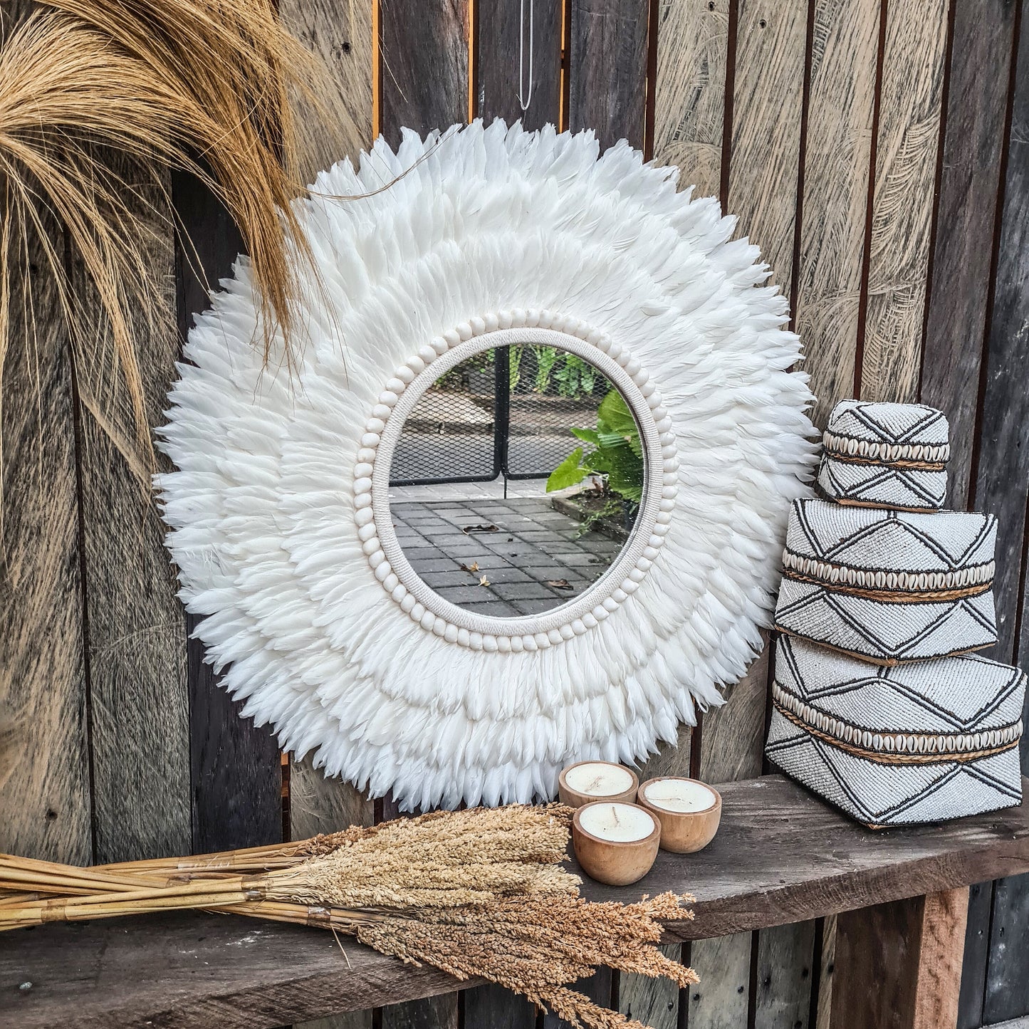 Feather frame mirror 70cm juju hat shells feathers agel wall decor wall hangings boho mirror bohemian decor white mirror