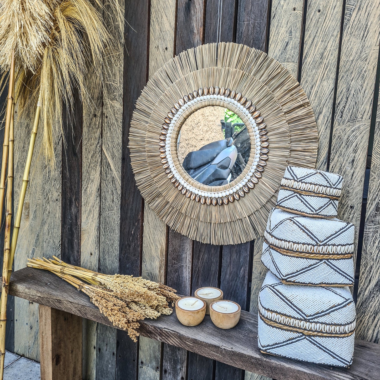 Boho mirror 60cm mendong shells fimbristylis eco mirror jujuhat wall decor bohemian wall hangings tropical style