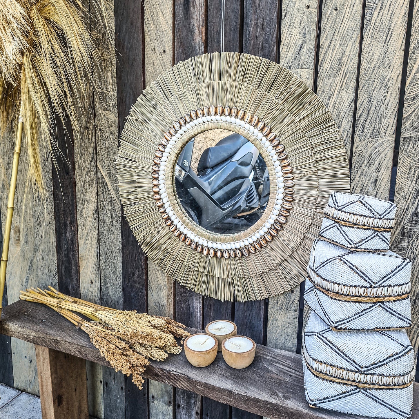 Boho mirror 66cm shells fimbristylis eco mirror jujuhat wall decor bohemian wall hangings tropical style