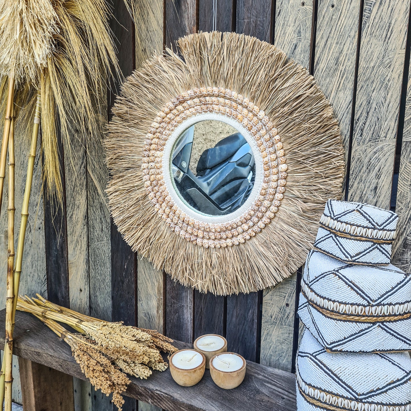 Boho mirror 63cm palm leaf and orange shells bohemian style wall decor eco mirror wall hangings juju hat