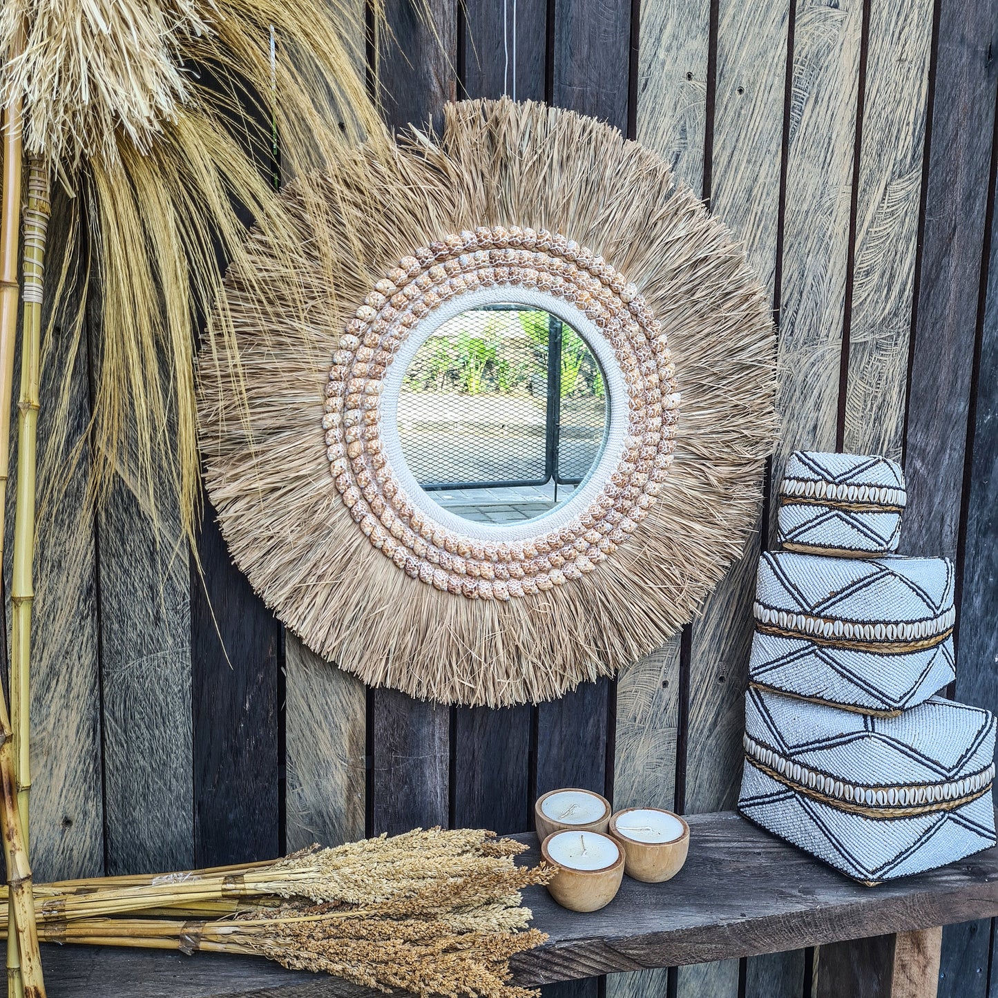 Boho mirror 63cm palm leaf and orange shells bohemian style wall decor eco mirror wall hangings juju hat