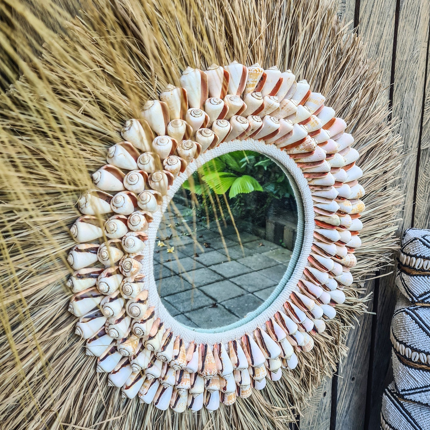 Boho mirror 63cm palm leaf and large orange shells wall hangings juju hat bohemian style wall decor eco mirror