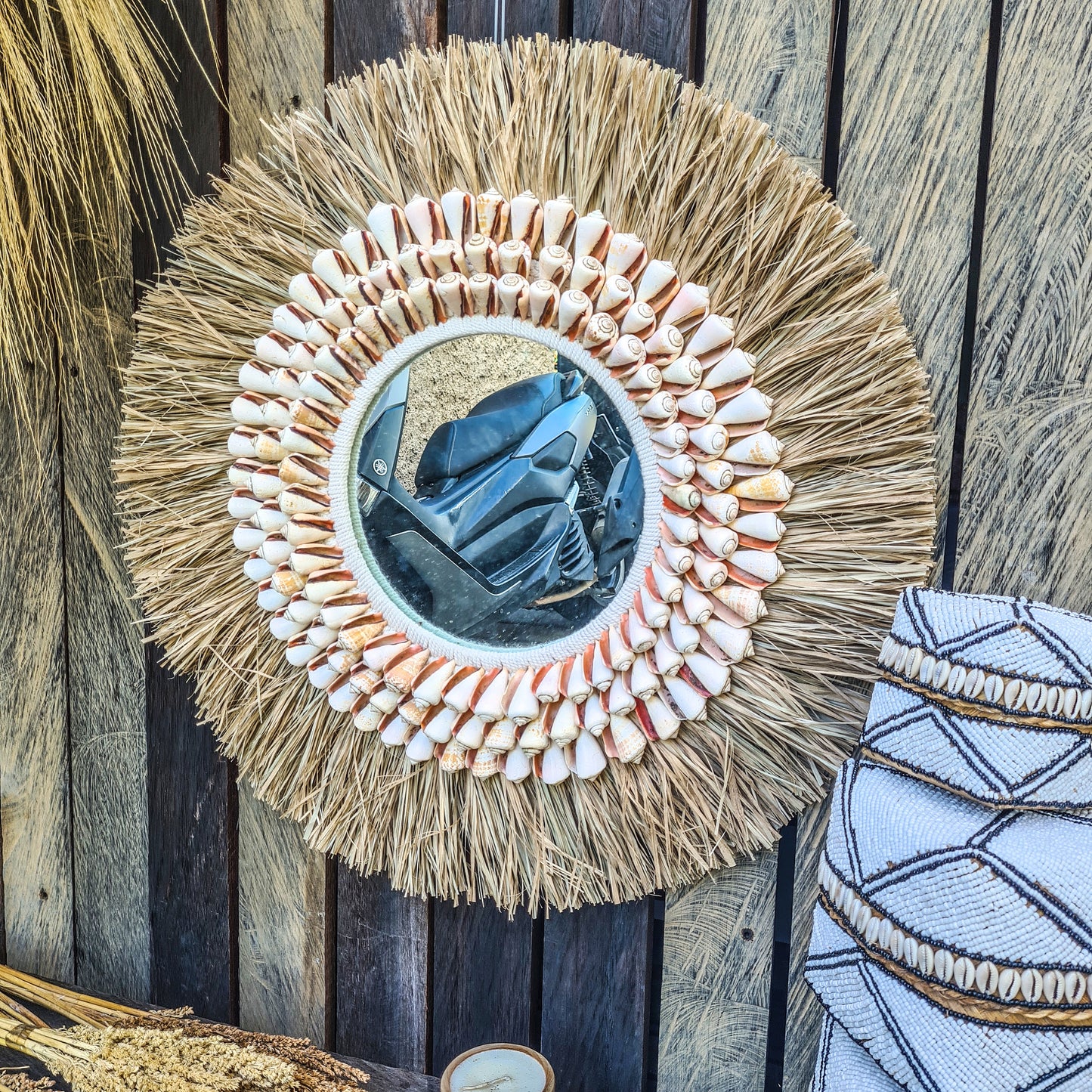 Boho mirror 63cm palm leaf and large orange shells wall hangings juju hat bohemian style wall decor eco mirror
