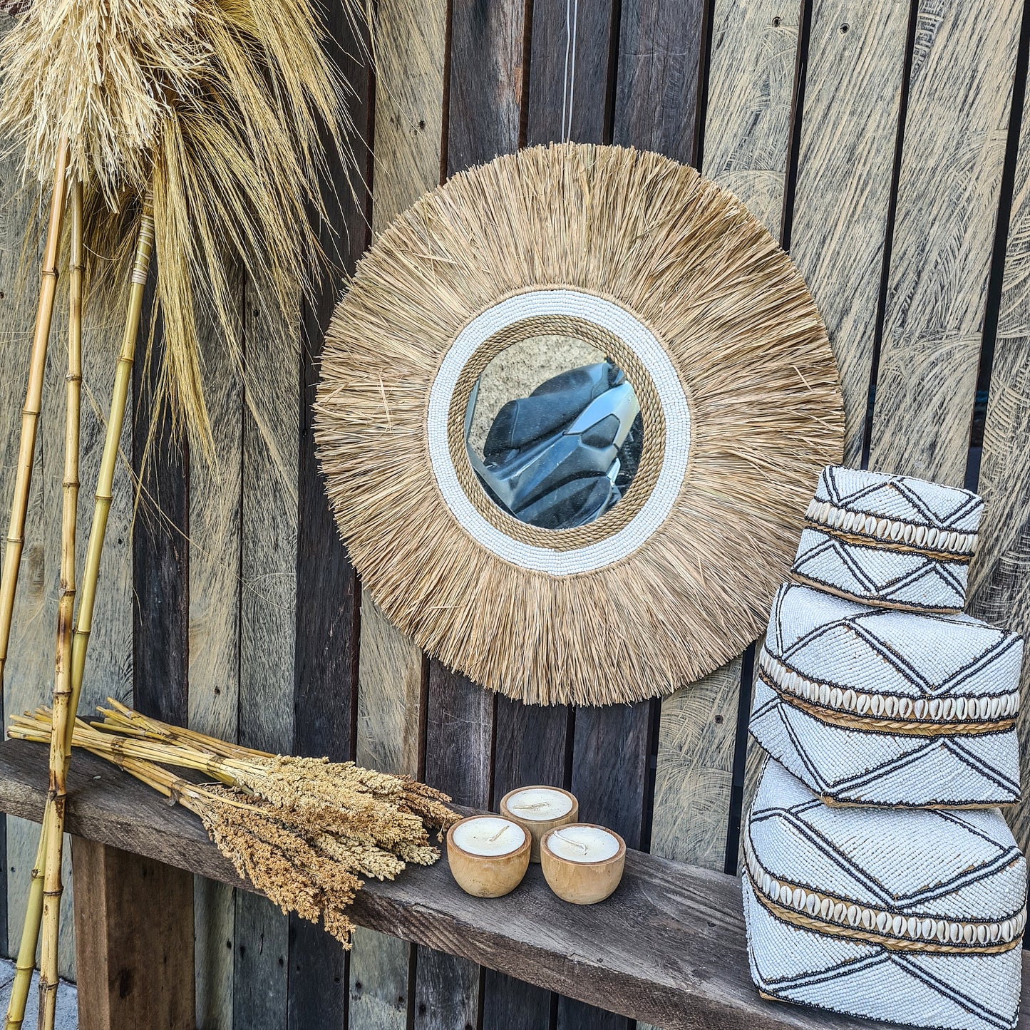 Boho mirror 60cm white beads palm leaf and agel bohemian wall mirror wall hangings juju hat tropical decoration eco mirror