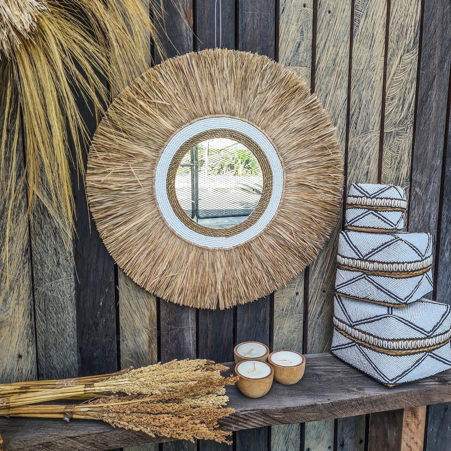 Boho mirror 60cm white beads palm leaf and agel bohemian wall mirror wall hangings juju hat tropical decoration eco mirror