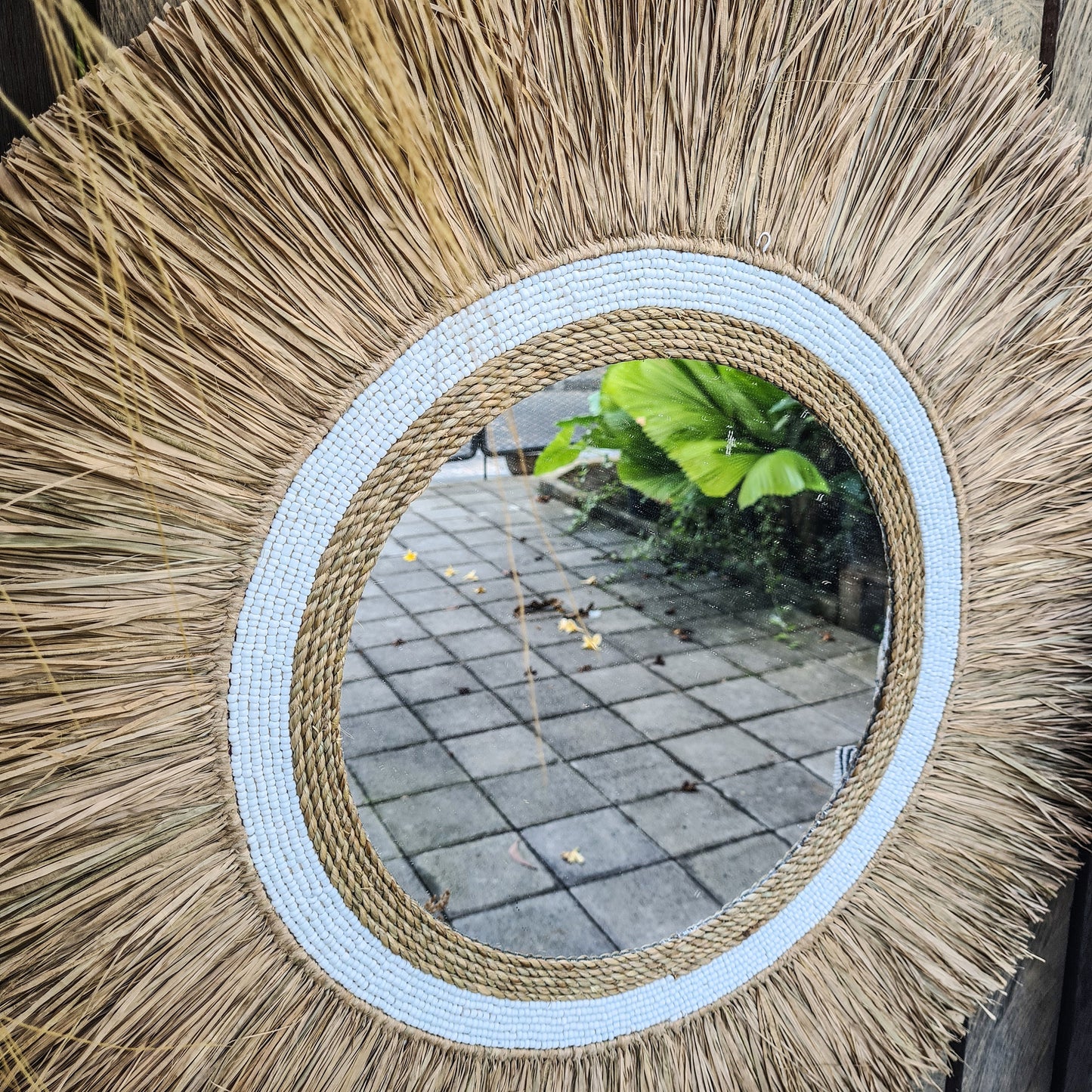 Boho mirror 70cm white beads palm leaf and agel bohemian wall hangings wall mirror juju hat tropical decoration eco mirror
