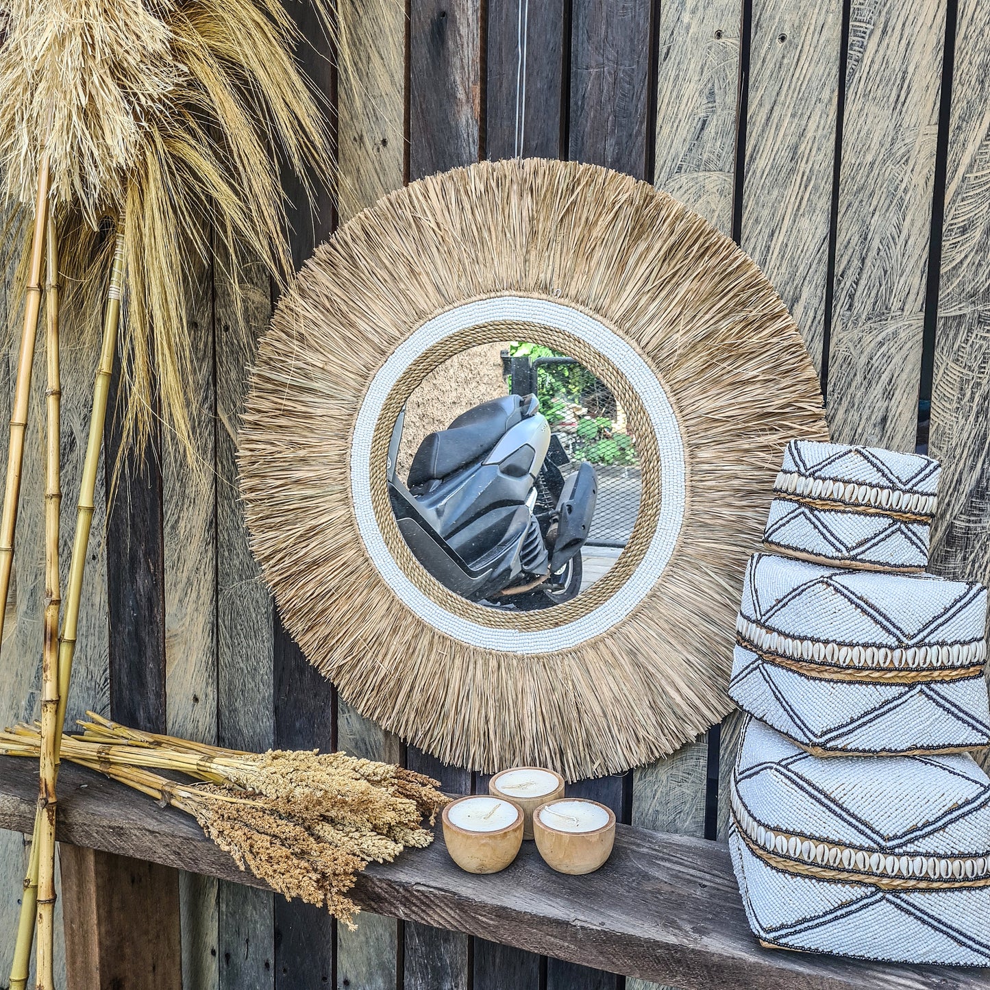 Boho mirror 70cm white beads palm leaf and agel bohemian wall hangings wall mirror juju hat tropical decoration eco mirror