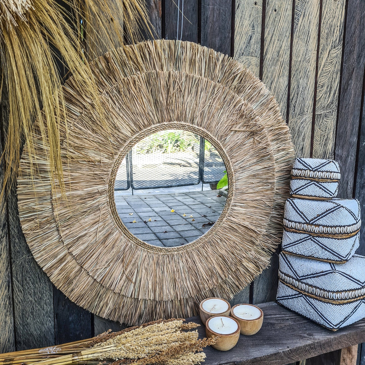 Boho mirror 80cm palm leaf and agel bohemian wall mirror wall hangings juju hat tropical decoration eco mirror