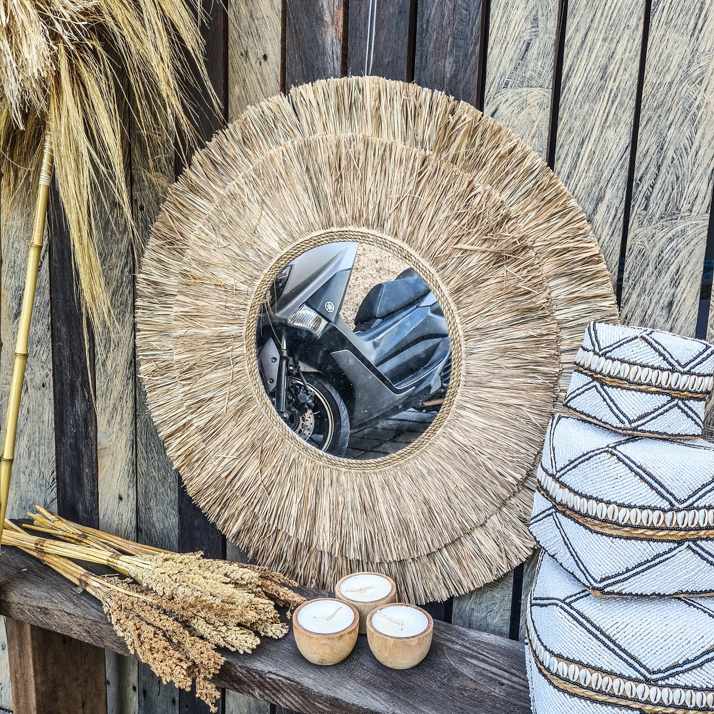 Boho mirror 80cm palm leaf and agel bohemian wall mirror wall hangings juju hat tropical decoration eco mirror