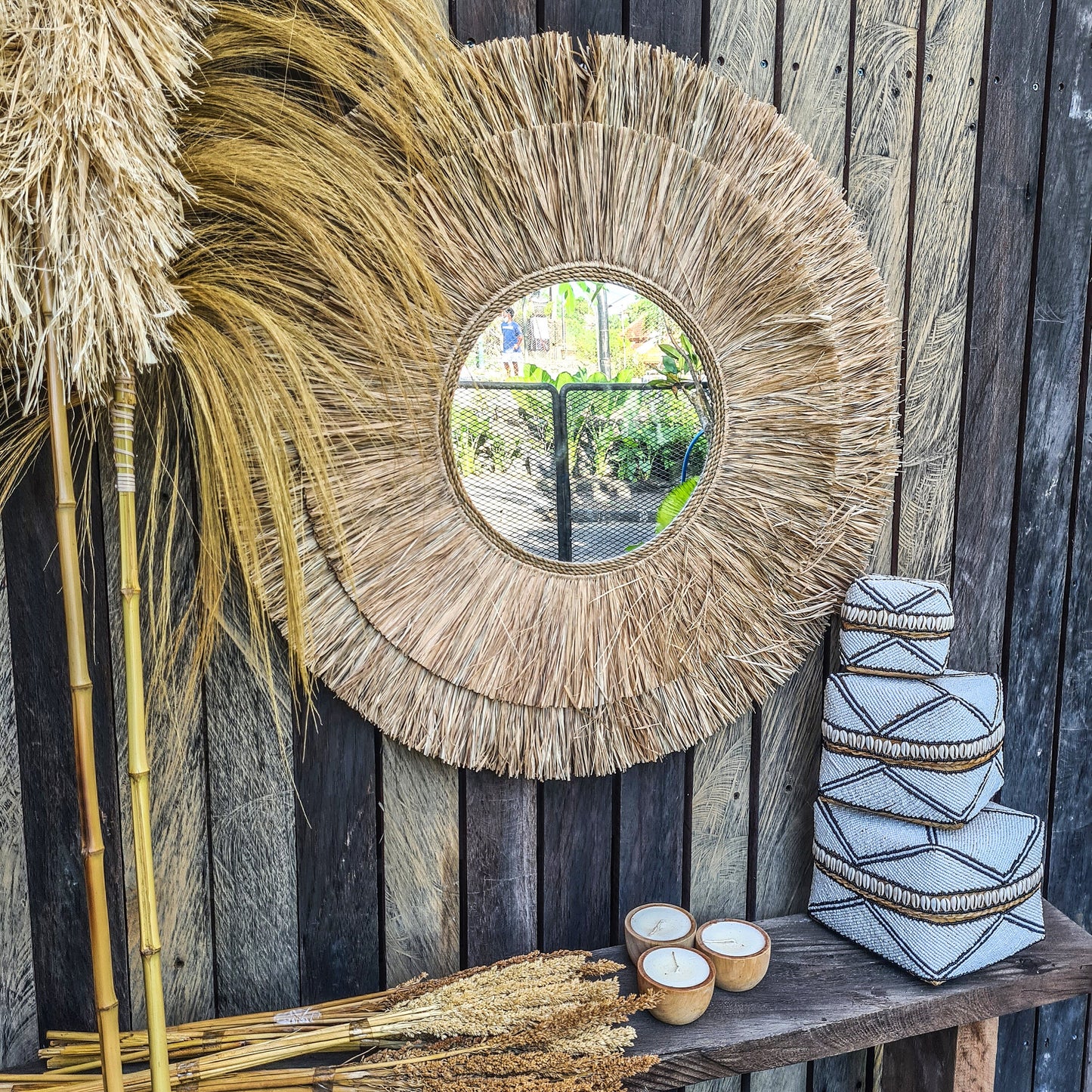Boho mirror 72cm wall mirror palm leaf and agel bohemian wall hangings juju hat tropical decoration eco mirror
