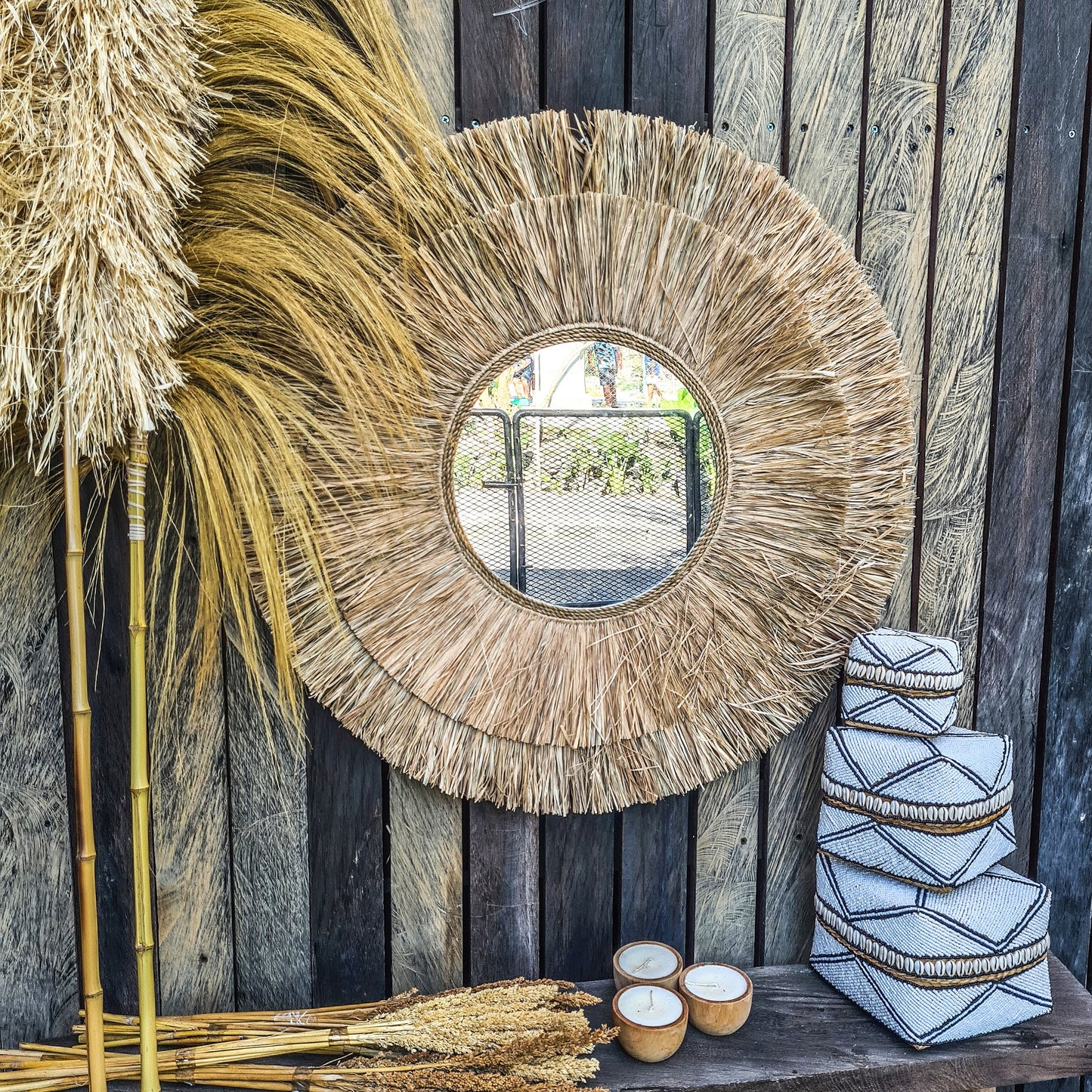 Boho mirror 72cm wall mirror palm leaf and agel bohemian wall hangings juju hat tropical decoration eco mirror