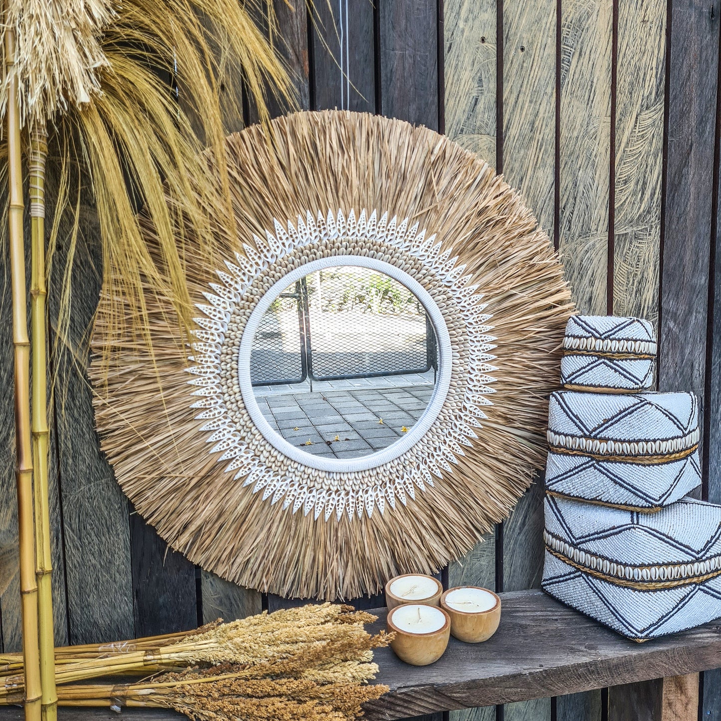 Boho mirror 70cm bohemian wall mirror palm leaf and shells wall hangings juju hat tropical decoration eco mirror tropic style