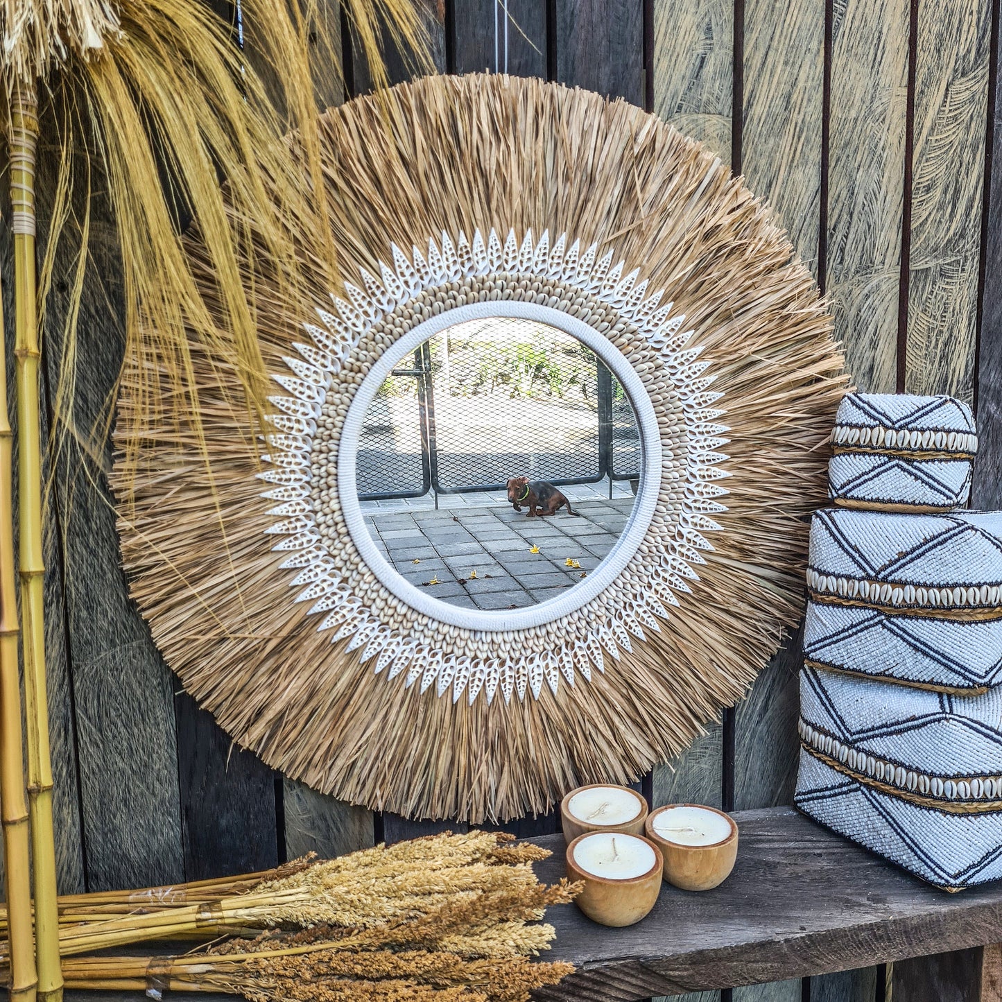 Boho mirror 70cm bohemian wall mirror palm leaf and shells wall hangings juju hat tropical decoration eco mirror tropic style