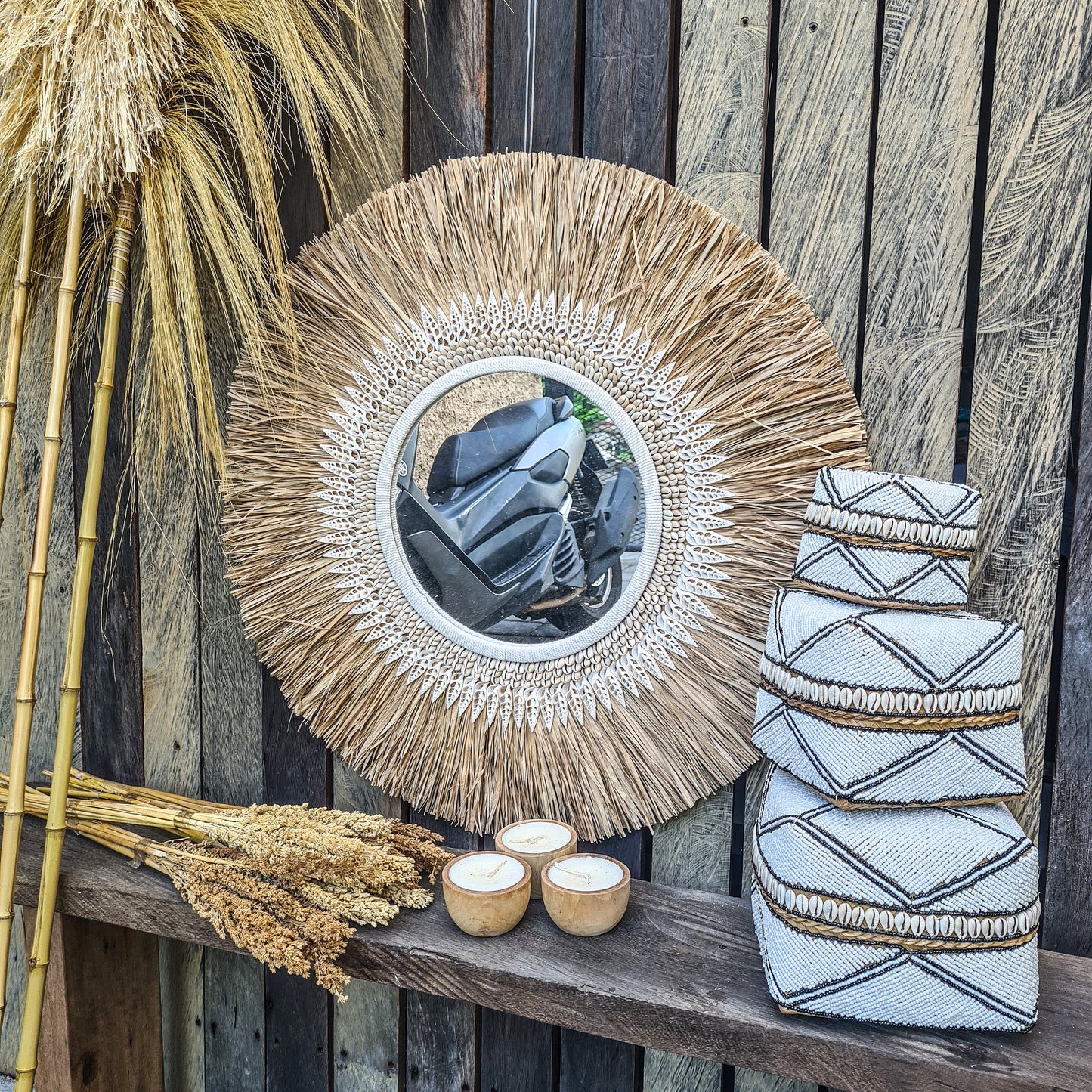 Boho mirror 70cm bohemian wall mirror palm leaf and shells wall hangings juju hat tropical decoration eco mirror tropic style