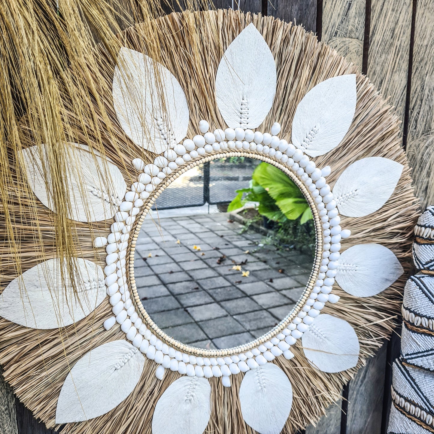 Boho mirror 70cm sea shells palm leaf macrame bohemian wall mirror wall hangings juju hat tropical decoration eco mirror