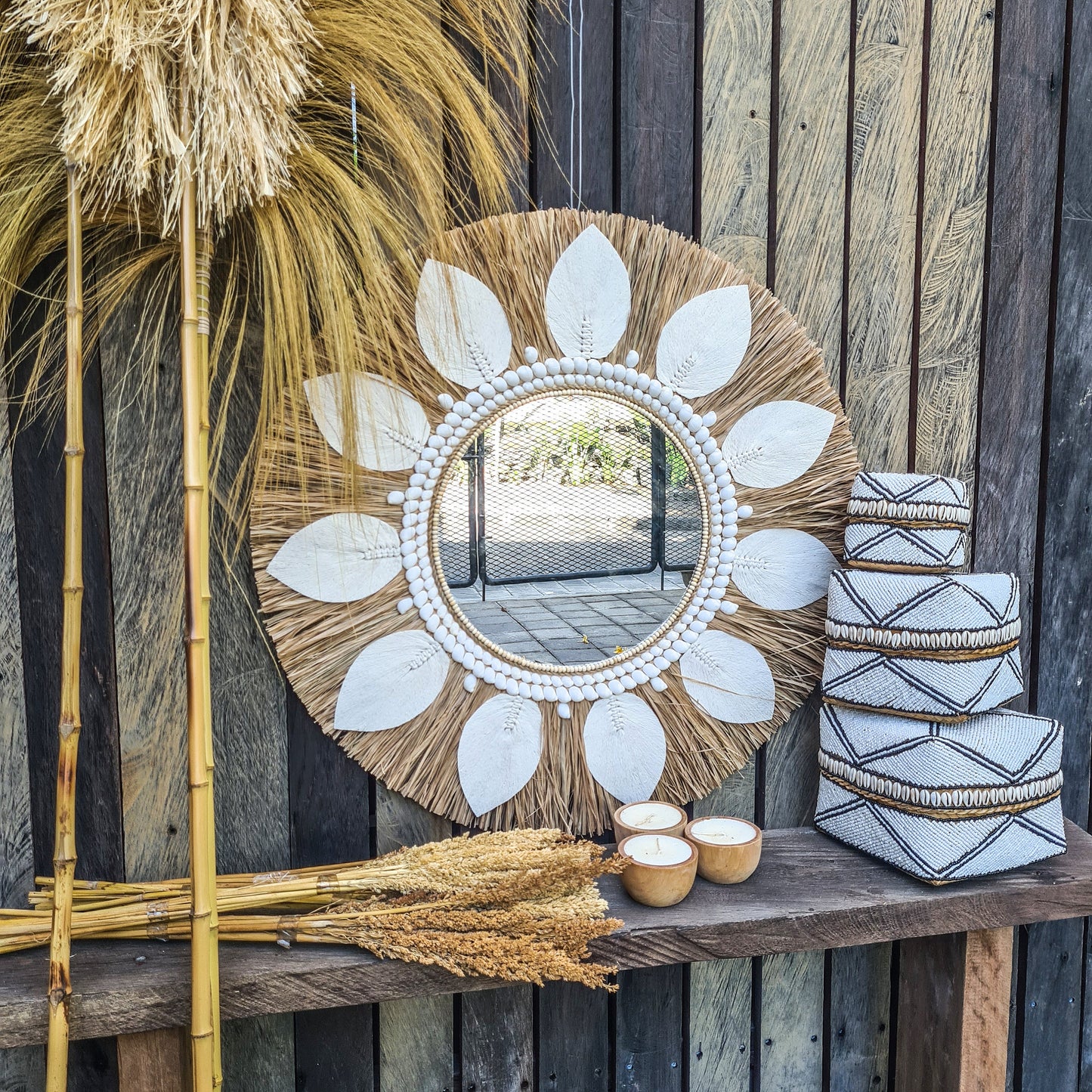 Boho mirror 70cm sea shells palm leaf macrame bohemian wall mirror wall hangings juju hat tropical decoration eco mirror
