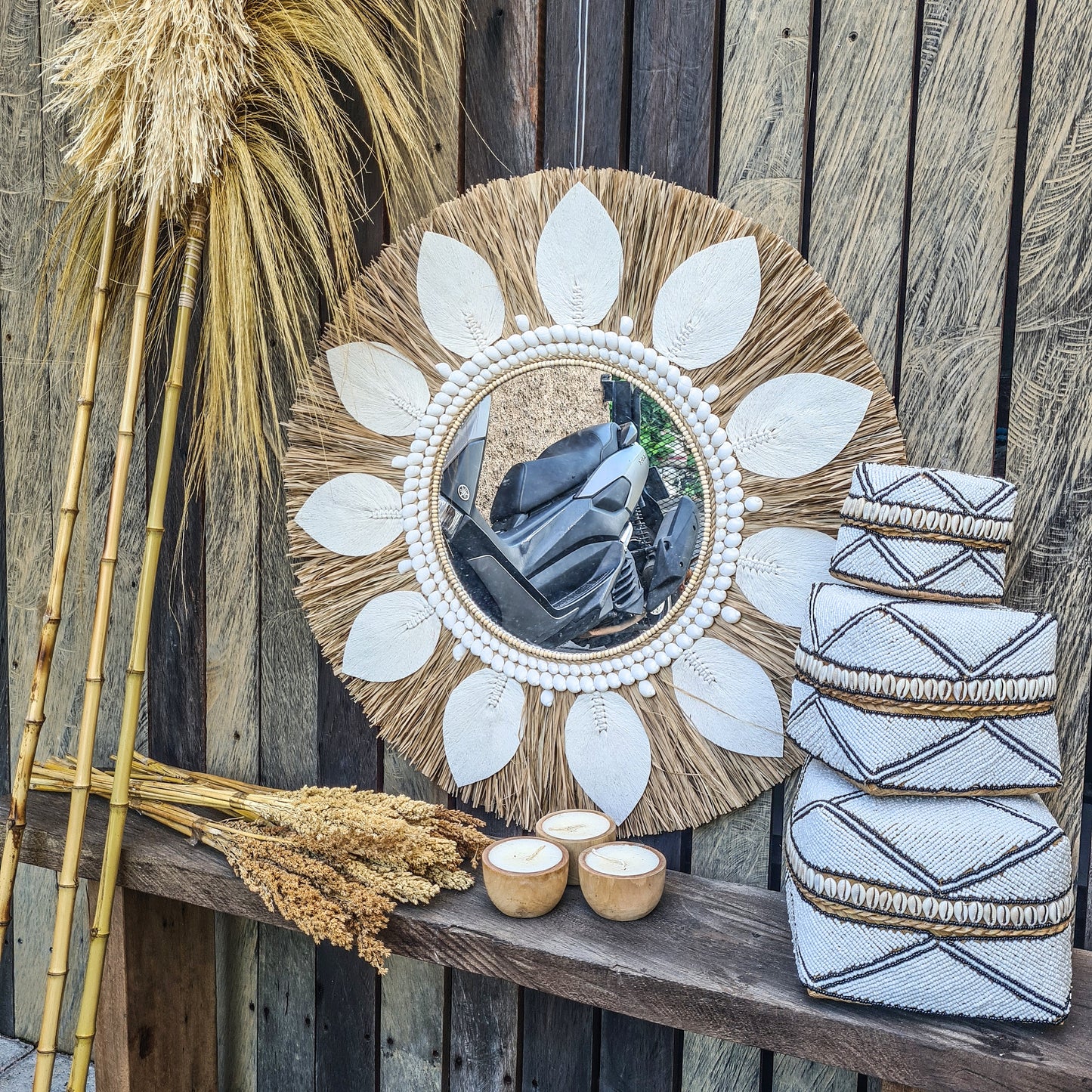 Boho mirror 70cm sea shells palm leaf macrame bohemian wall mirror wall hangings juju hat tropical decoration eco mirror