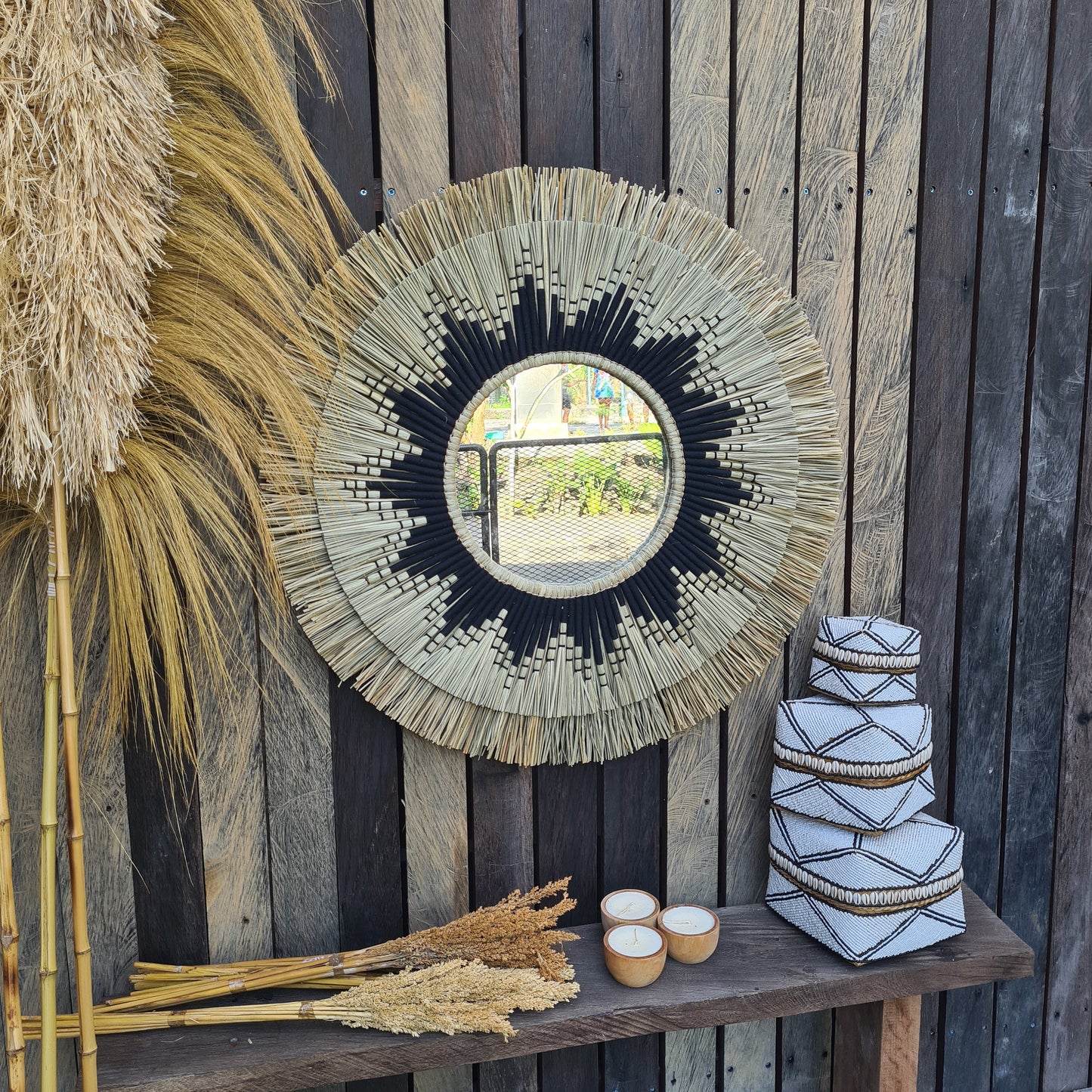 Boho mirror 80cm bohemian wall mirror fimbristylis wall hangings juju hat tropical decoration eco mirror boho decor wall decor