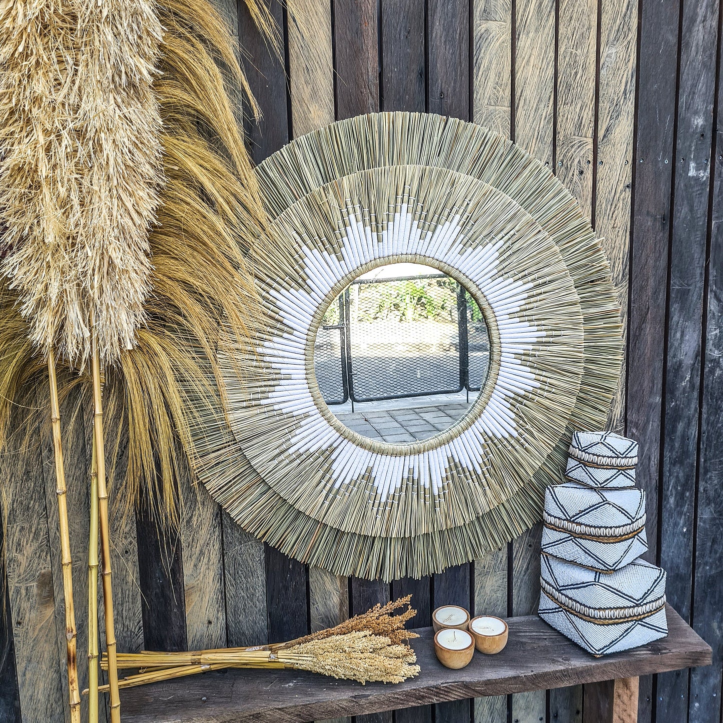 Boho mirror 100cm white fimbristylis bohemian wall mirror wall decor boho decor wall hangings juju hat tropical decoration eco mirror