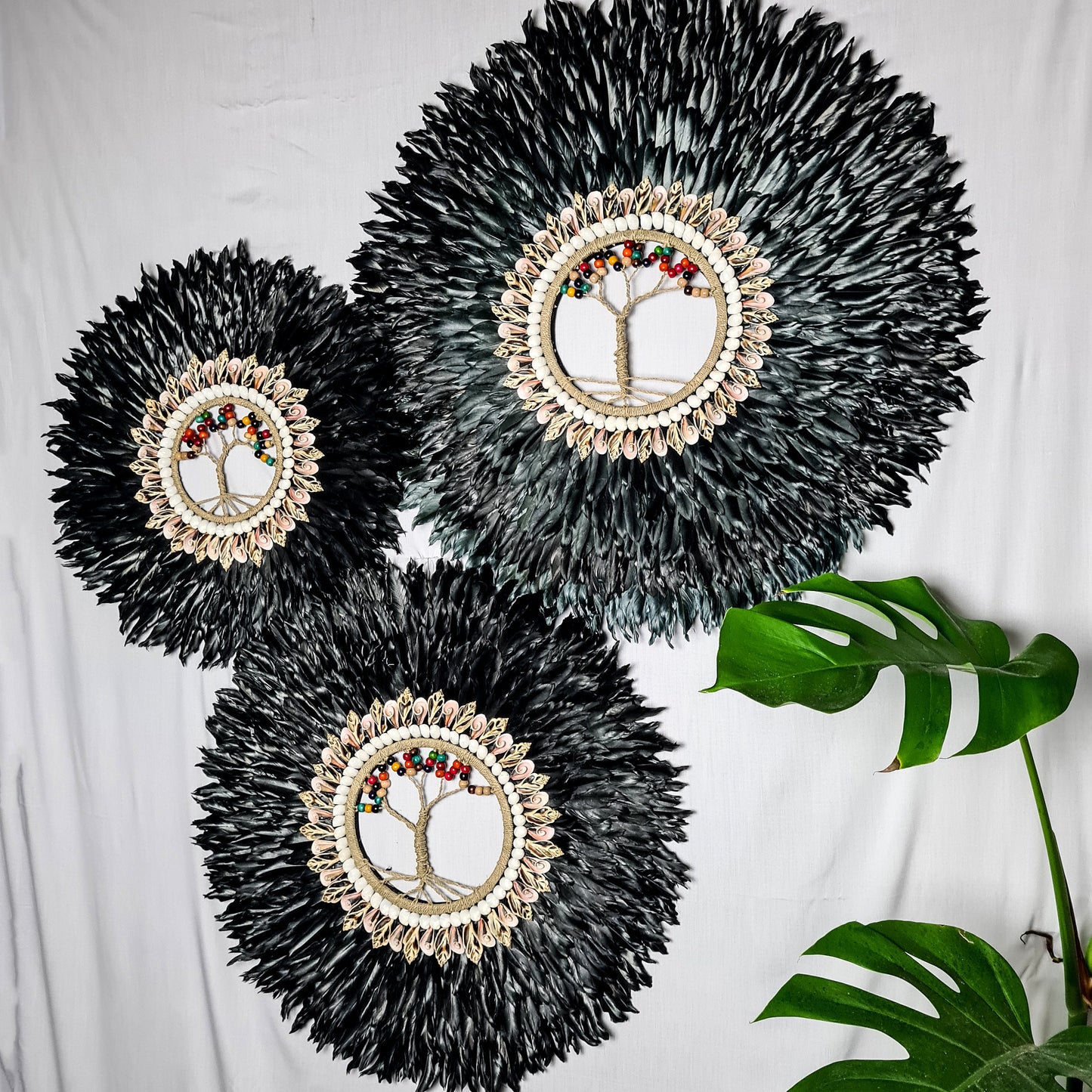 Wall decor set of 3 65,55,45cm black jujuhat juju hat feather wall decor wall hangings tree inside shell decoration bohemian style