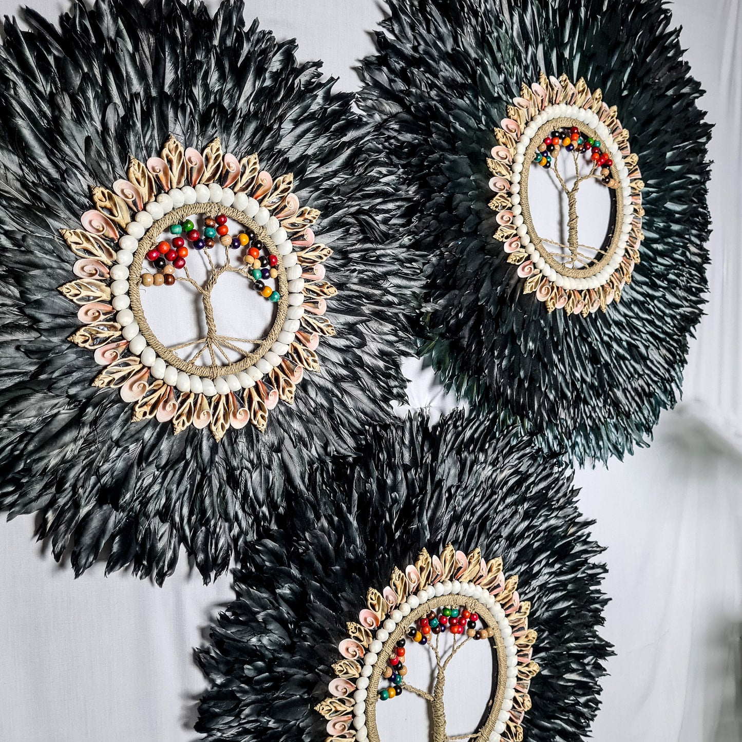 Wall decor set of 3 65,55,45cm black jujuhat juju hat feather wall decor wall hangings tree inside shell decoration bohemian style