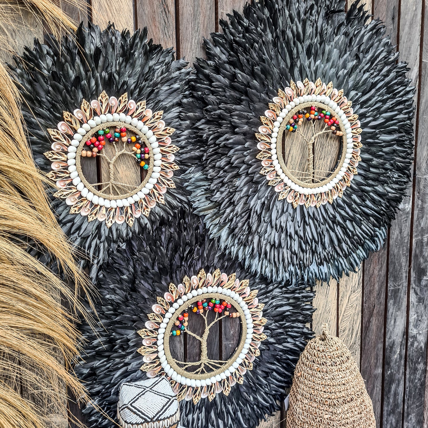 Wall decor set of 3 65,55,45cm black jujuhat juju hat feather wall decor wall hangings tree inside shell decoration bohemian style