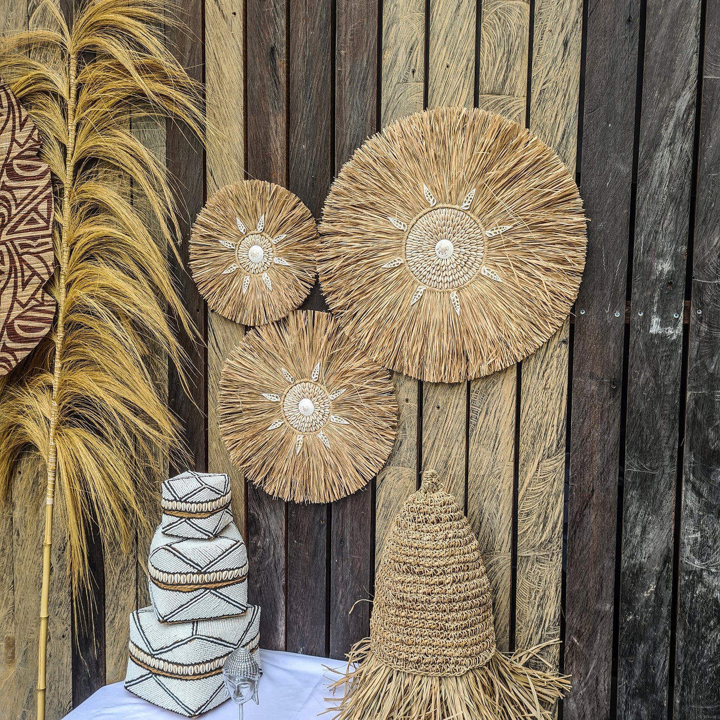 Wall decor set of 3 palm rafia shells 50,40,30cm jujuhat juju hat wall decor wall hangings shell decoration bohemian style boho decor