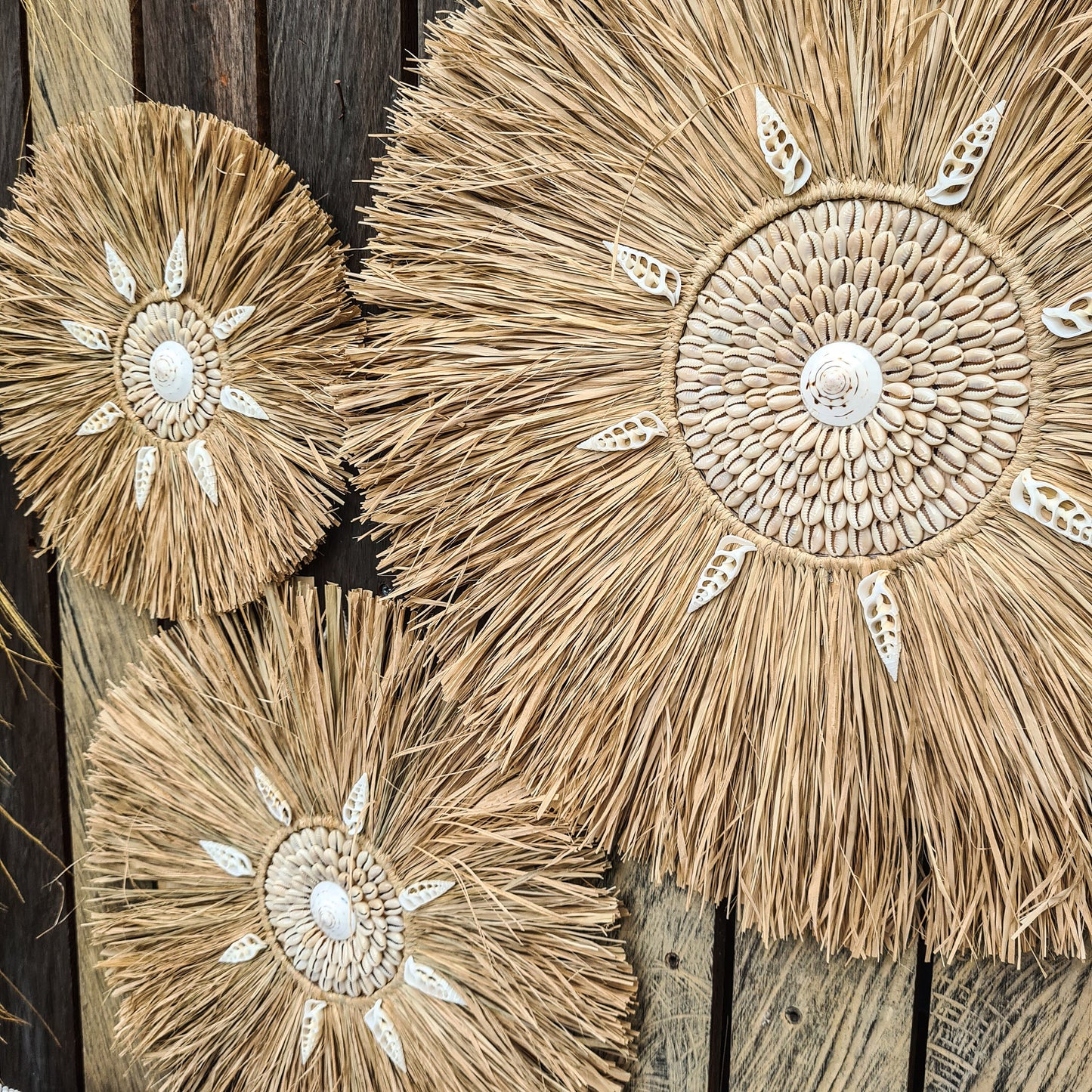 Wall decor set of 3 palm rafia shells 50,40,30cm jujuhat juju hat wall decor wall hangings shell decoration bohemian style boho decor