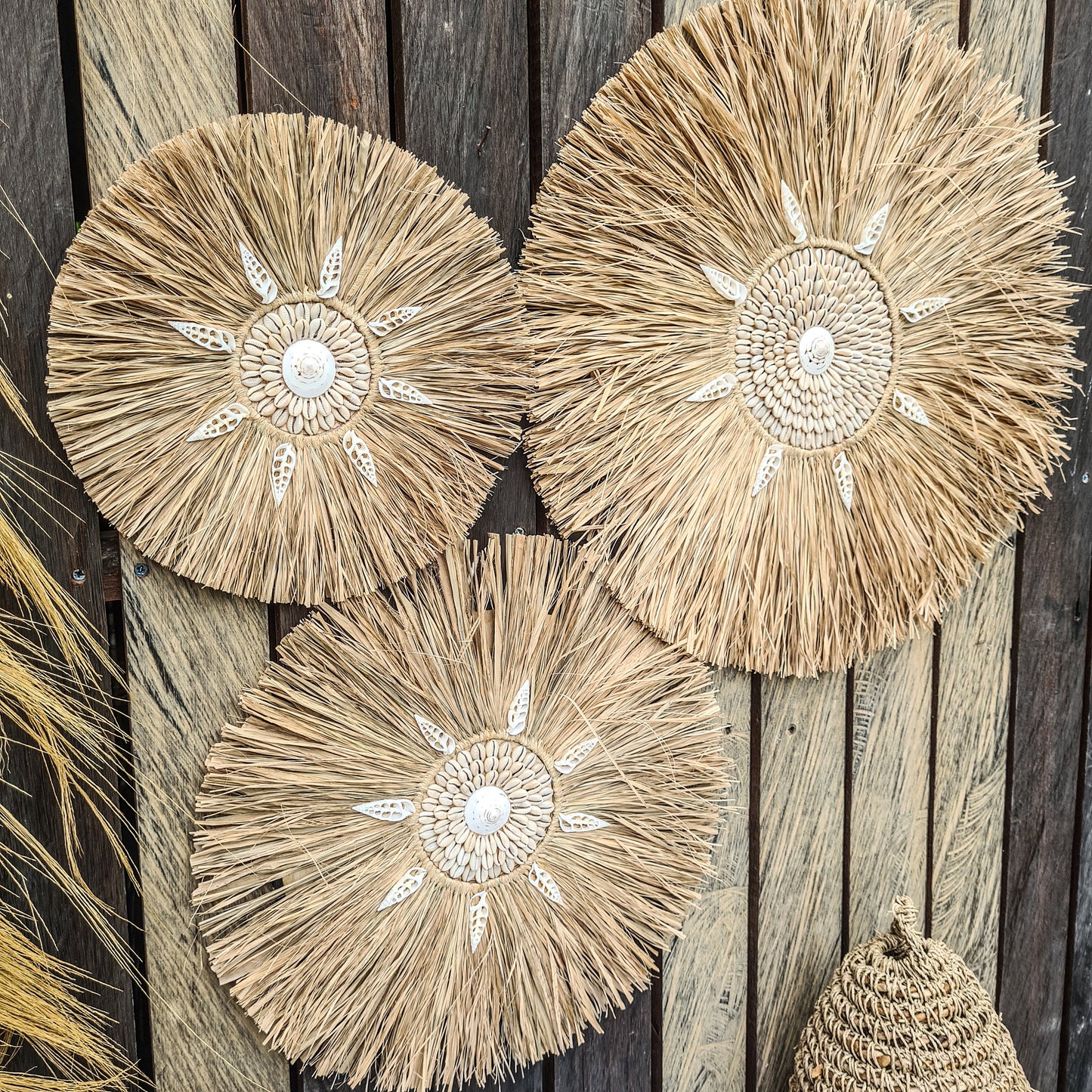 Wall decor set of 3 palm rafia shells 50,40,30cm jujuhat juju hat wall decor wall hangings shell decoration bohemian style boho decor
