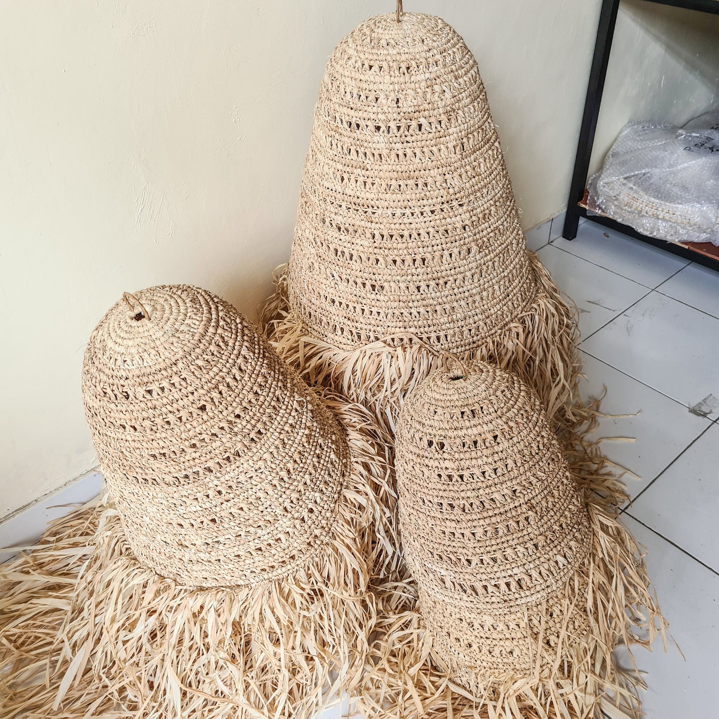 Set of 3 lampshade 30cm 40cm 50cm pendant lamp shade palm rafia wicker chandelier bohemian lamp boho style decor