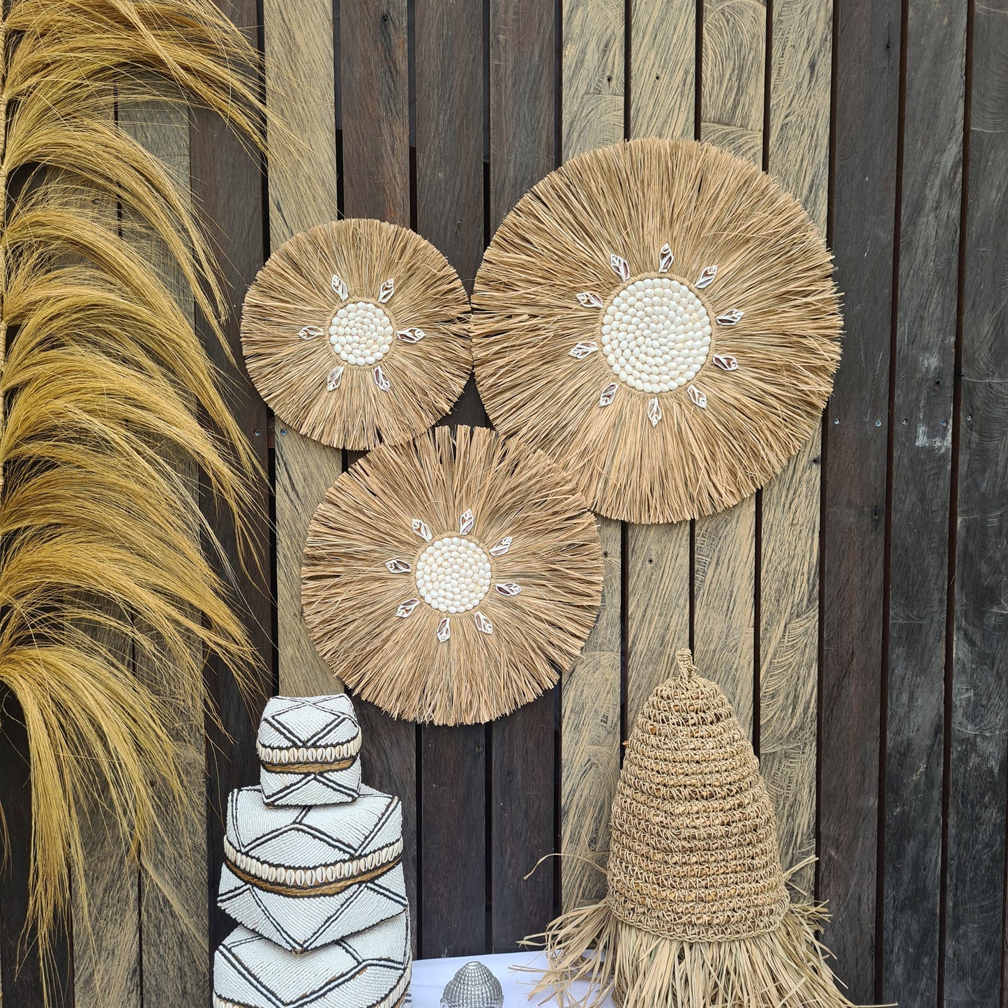 Wall decor set of 3 palm rafia shells 50,40,30cm wall decor wall hangings jujuhat juju hat shell decoration bohemian style boho decor