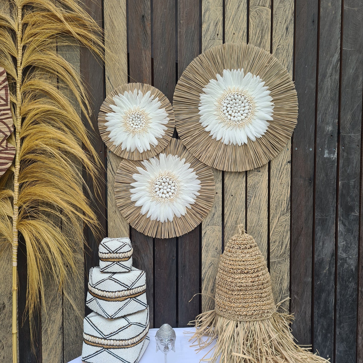 Wall decor set of 3 feather fimbristylis shells 50,40,30cm jujuhat juju hat wall decor wall hangings decoration bohemian style boho decor