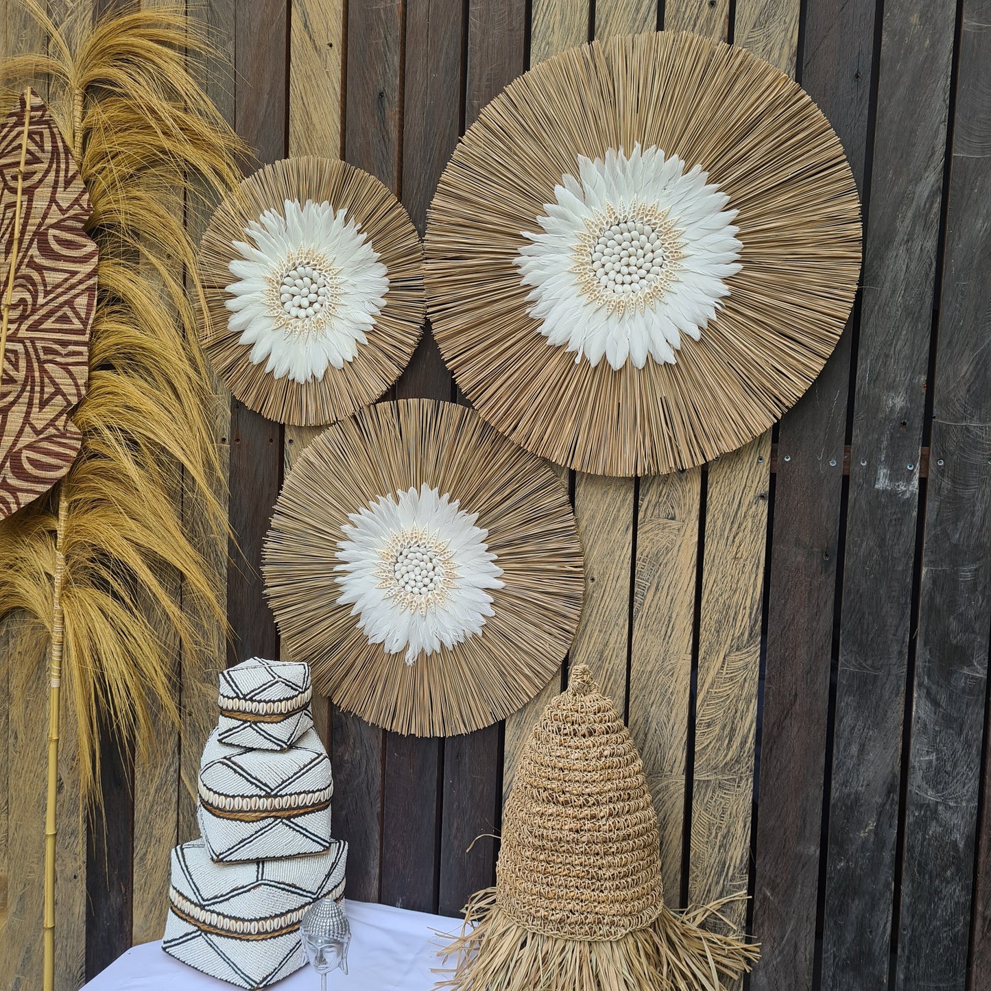 Wall decor set of 3 feather fimbristylis shells 60,50,40cm jujuhat juju hat wall decor wall hangings decoration bohemian style boho decor