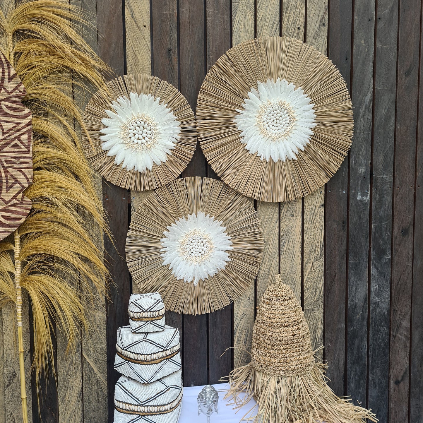Wall decor set of 3 feather fimbristylis shells 60,50,40cm jujuhat juju hat wall decor wall hangings decoration bohemian style boho decor